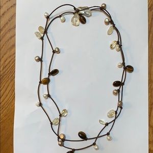 Tiger eye, pearl & citrine on leather necklace